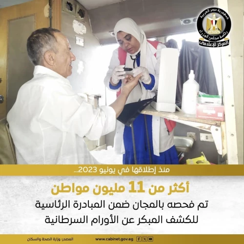 رئاسة مجلس الوزراء :- أكثر من  11 مليون مواطن تم فحصه بالمجان ضمن المبادرة الرئاسية الكشف المبكر و علاج الأورام السرطانية..