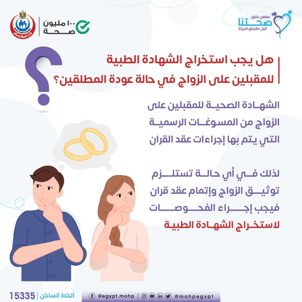 استخراج الشهادة الطبية للمقبلين على الزواج في حالة عودة المطلقين؟